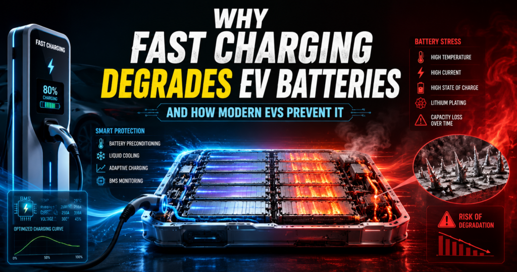 Fast charging degrades EV batteries illustration showing thermal stress, lithium plating, and EV battery protection technologies.