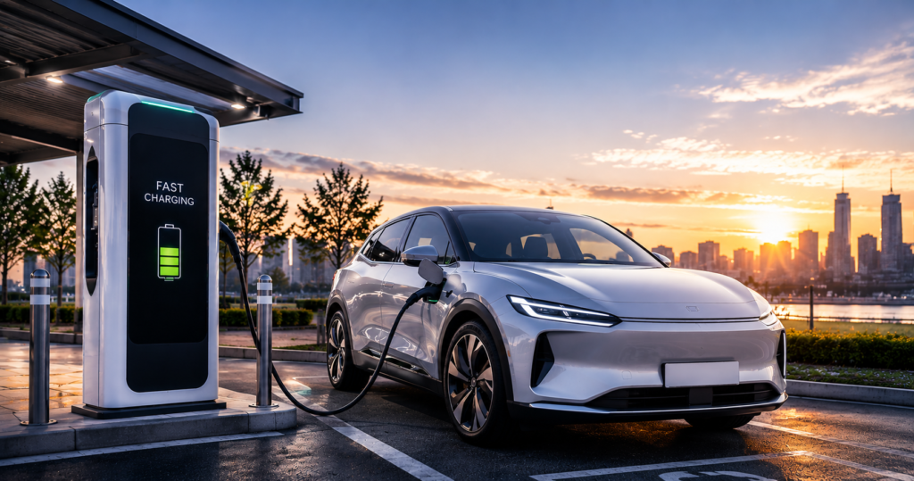 Modern EV charging station with electric vehicle