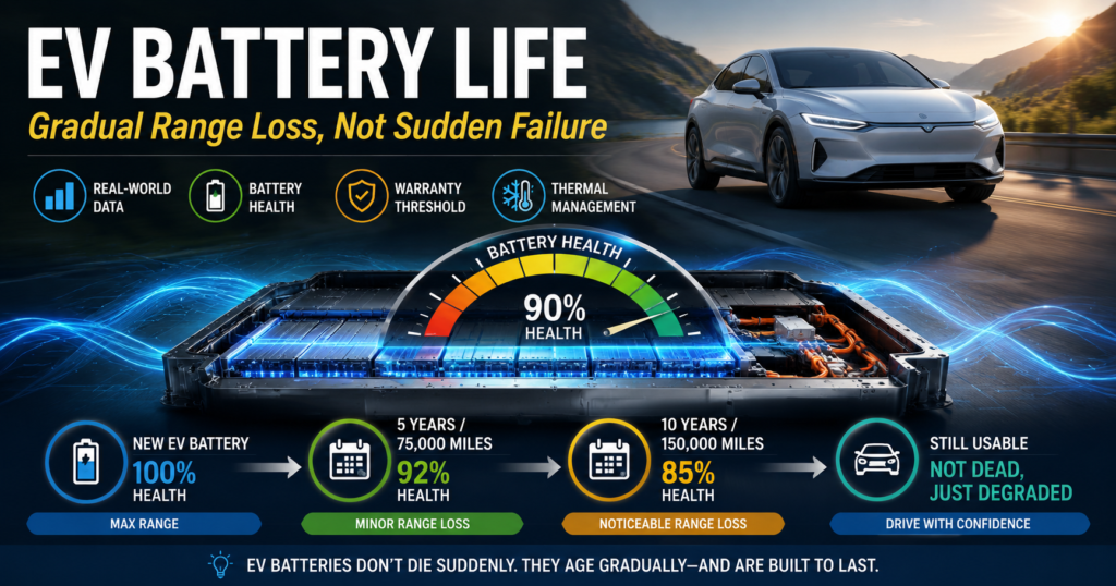 How long do EV batteries last infographic showing gradual EV battery degradation, battery health percentage, mileage timeline, and long-term range loss.