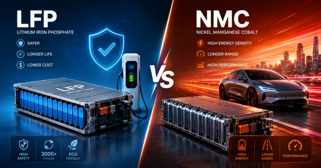Comparison of LFP and NMC EV batteries showing safety-focused LFP design and high-performance NMC electric vehicle technology