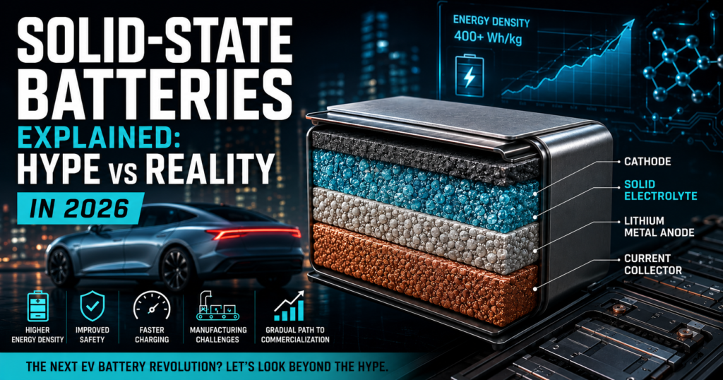 Futuristic solid-state EV battery illustration showing layered battery structure, lithium metal anode, solid electrolyte, and commercialization challenges in 2026.