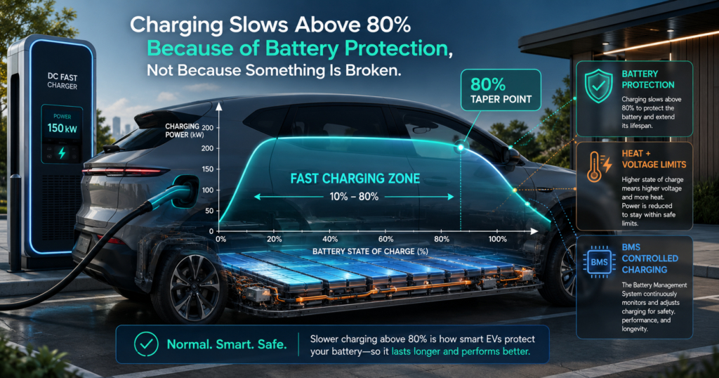 EV batteries charge slower above 80% because the BMS reduces power to protect the battery during fast charging.