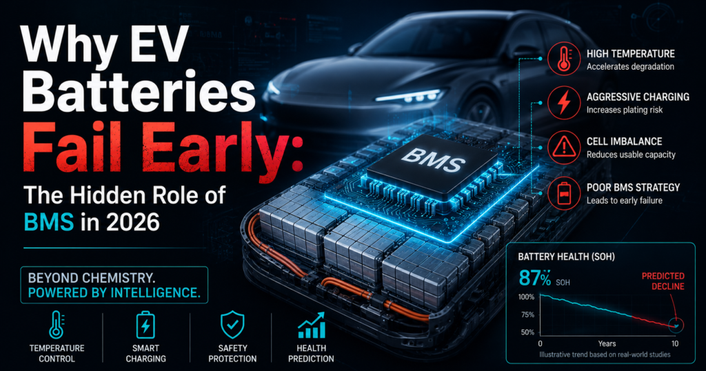 Why EV batteries fail early due to thermal stress, fast charging, and Battery Management System (BMS) limitations in modern electric vehicles.
