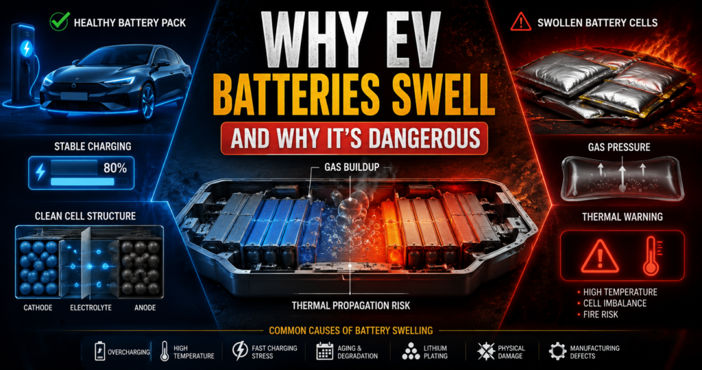 EV battery swelling caused by lithium-ion gas buildup and thermal runaway risk