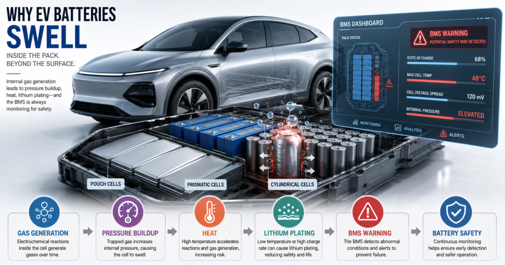 EV batteries swell because of gas generation, pressure buildup, heat, lithium plating, and BMS warning detection.