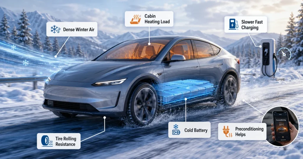 Electric vehicle driving on a snowy winter road with cold battery, cabin heating, tire resistance, dense air, slower fast charging, and preconditioning callouts.