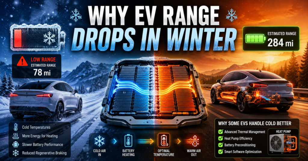 EV winter range comparison showing cold weather battery performance and thermal management systems.