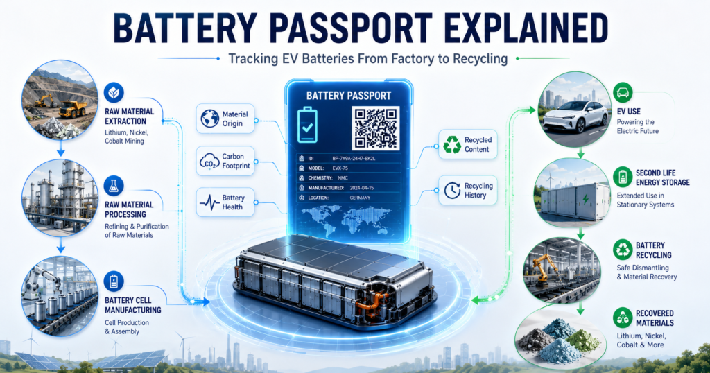 Battery passport tracking EV materials, carbon footprint, battery health, second-life use, and recycling