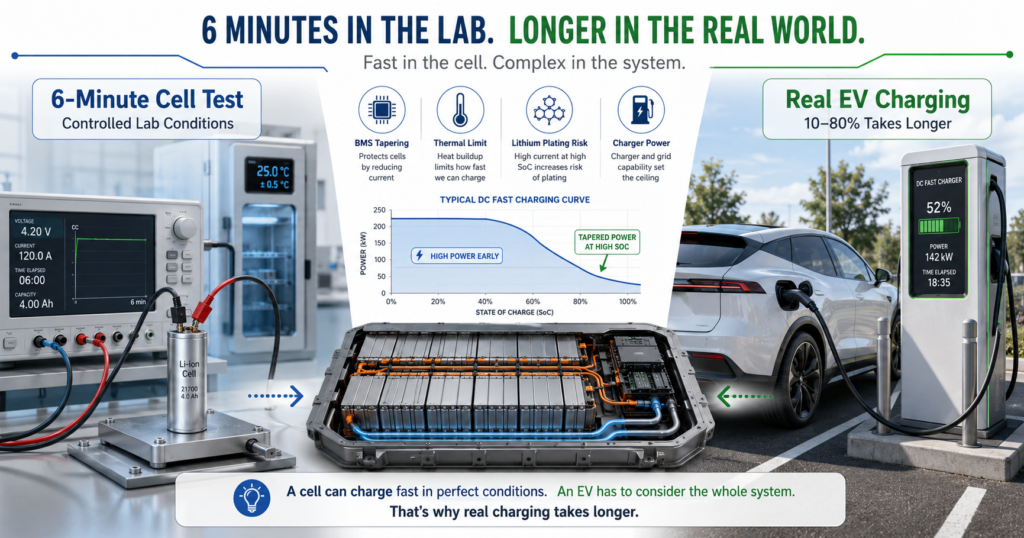 EV battery fast charging comparison showing a six-minute lab cell test, a cutaway battery pack, and real-world DC fast charging limits.