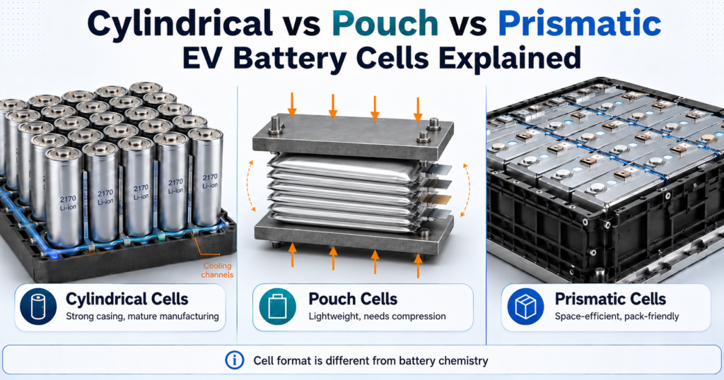 Cylindrical vs pouch vs prismatic EV batteries compared by cell format, cooling, compression needs, and pack space efficiency.