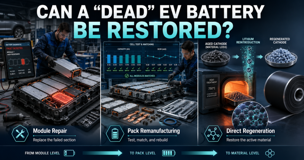 EV battery repair process showing module replacement, pack remanufacturing, and direct cathode regeneration