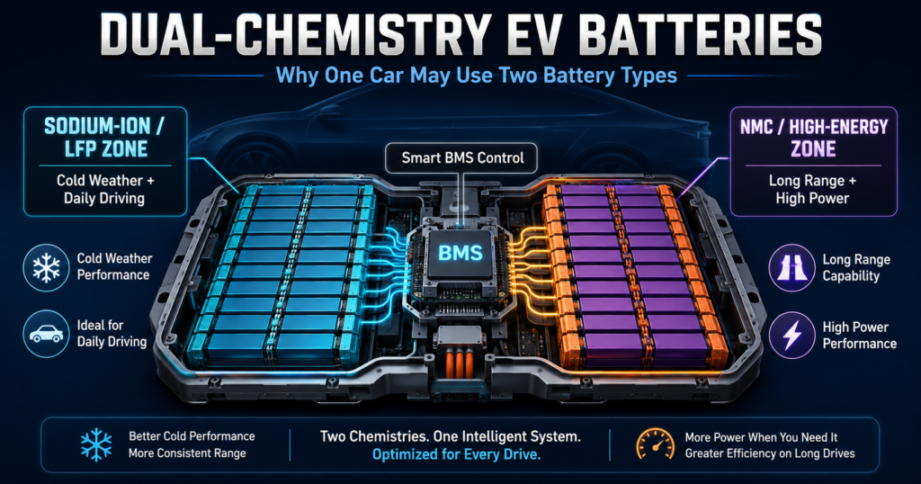 Dual-chemistry EV batteries with Sodium-Ion LFP and NMC zones controlled by a smart BMS.