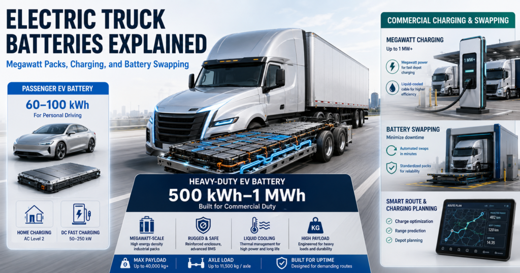 Electric truck batteries explained with a cutaway semi truck battery pack, megawatt charging, depot charging, and battery swapping infrastructure.
