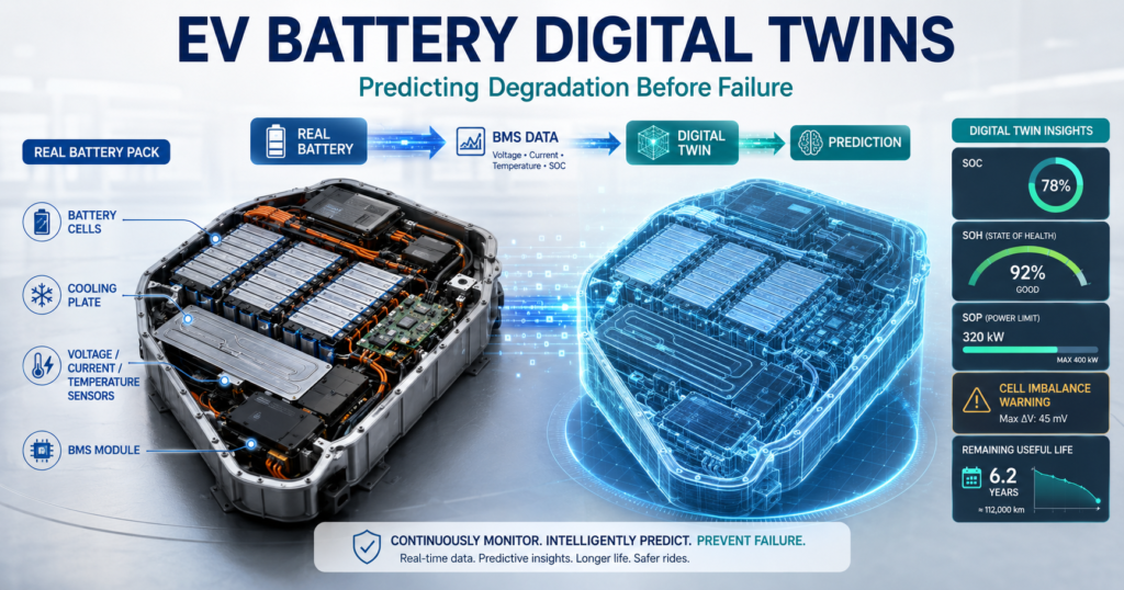 EV battery digital twin showing a real battery pack connected to a virtual battery model that predicts degradation and failure risk.