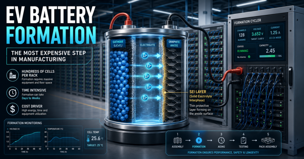EV battery formation cycling inside a factory with formation racks and an SEI layer forming on a graphite anode
