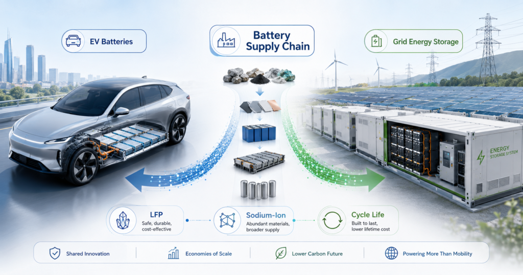 EV battery storage boom showing electric vehicle batteries, grid energy storage containers, LFP cells, sodium-ion batteries, and shared battery supply chains.