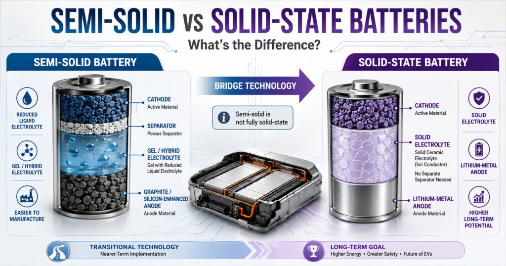 Semi-solid battery vs solid-state EV battery comparison showing gel electrolyte, solid electrolyte, lithium-metal anode, and bridge technology concept.