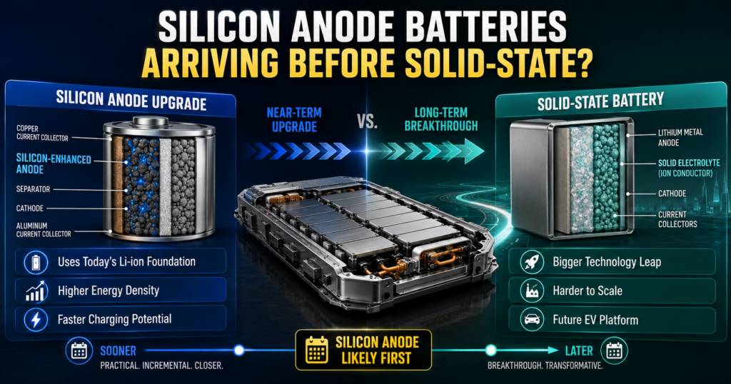 Silicon anode battery compared with solid-state battery technology, showing why silicon anode batteries may reach EVs sooner.