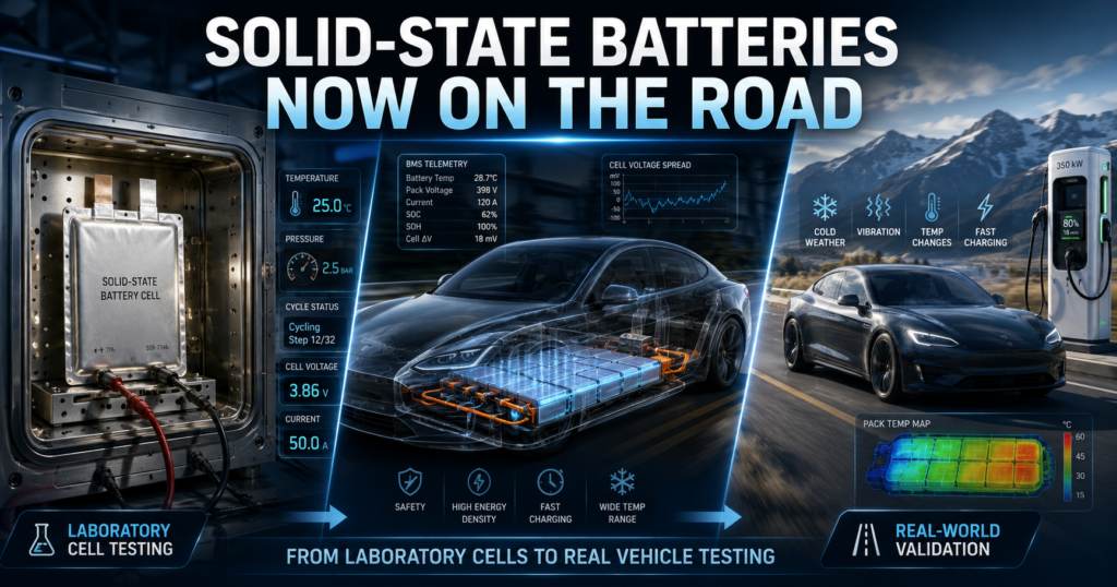 Solid-state battery road testing from laboratory cell validation to real-world EV testing