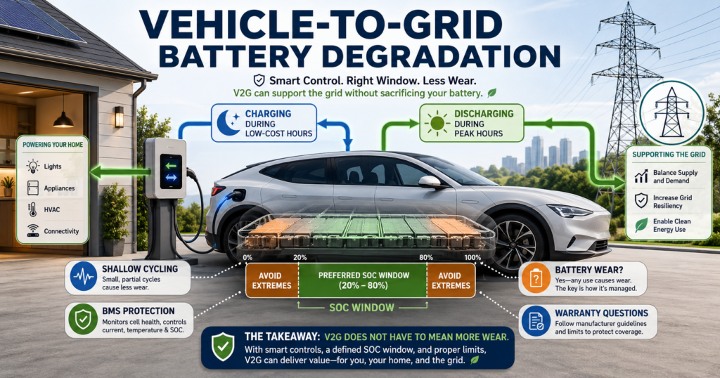 Vehicle-to-grid battery degradation diagram showing an EV connected to a bidirectional charger, SOC window, BMS protection, and V2G energy flow.