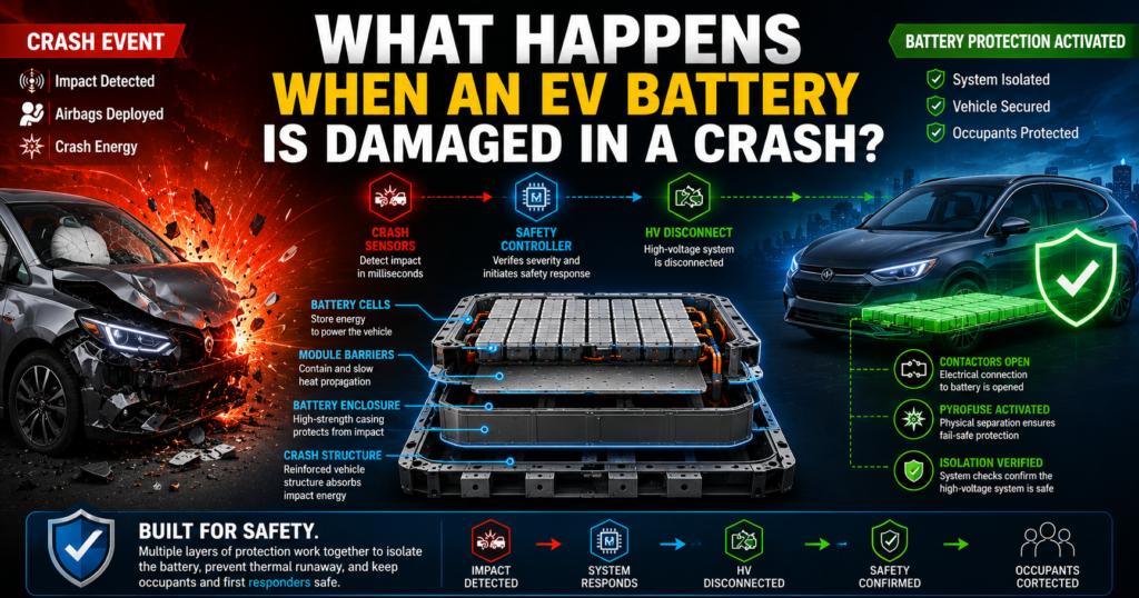 EV battery damaged in a crash safety system illustration