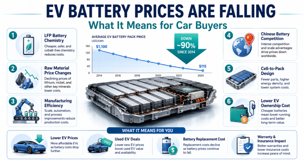 EV battery prices 2026 falling as LFP batteries, manufacturing efficiency, raw material changes, and simpler pack designs reduce EV costs.