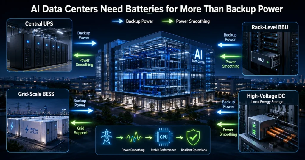 AI data center using grid-scale BESS, central UPS, rack-level BBU, and high-voltage DC storage for backup power and power smoothing
