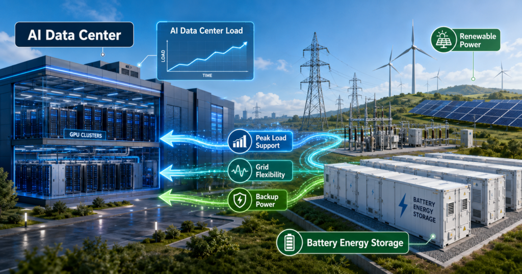 AI data center connected to battery energy storage, renewable power, transmission lines, and grid infrastructure for peak load support and backup power.