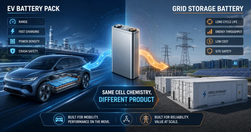 EV batteries vs grid storage batteries comparison showing an EV battery pack and grid storage containers designed for different performance goals.