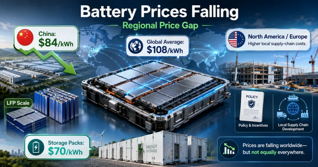 EV battery prices comparison showing China at $84/kWh, global average at $108/kWh, and storage packs at $70/kWh.