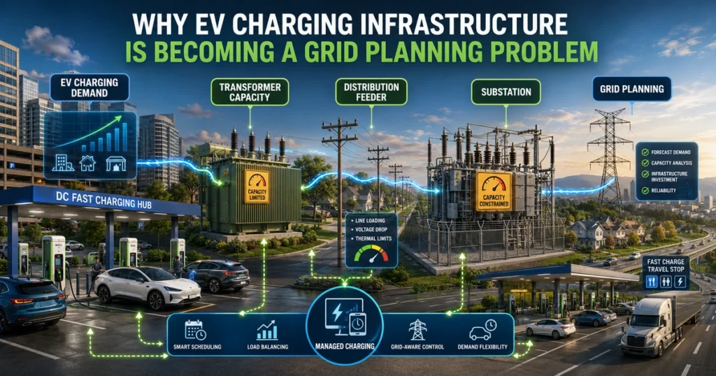 EV charging grid planning showing fast chargers connected to transformers, distribution feeders, and a utility substation