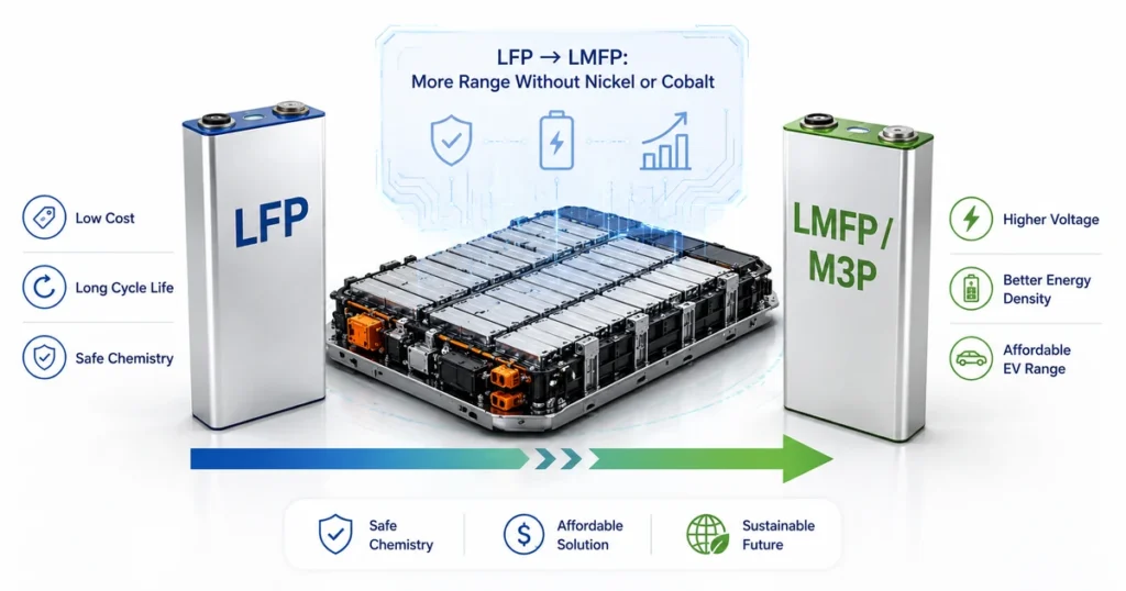 LMFP batteries explained with LFP and LMFP/M3P cells showing higher voltage, better energy density, and affordable EV range.