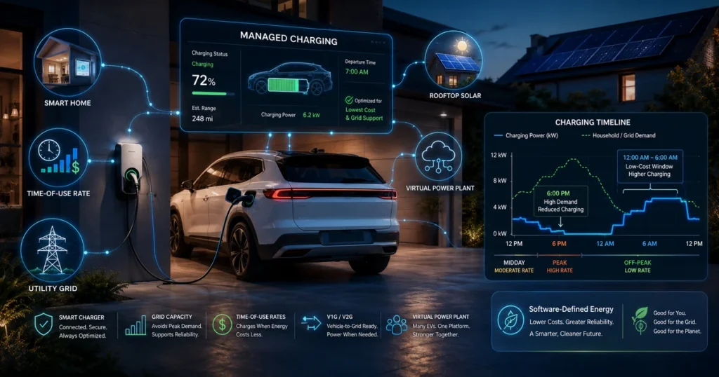 Managed EV charging system connecting an electric car with a smart home, time-of-use rates, rooftop solar, the utility grid, and a virtual power plant.