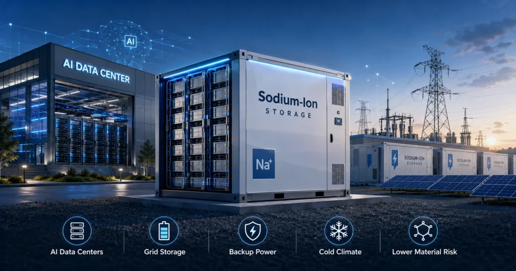 Sodium-ion batteries supporting AI data centers, grid storage, backup power, and cold-climate energy storage.