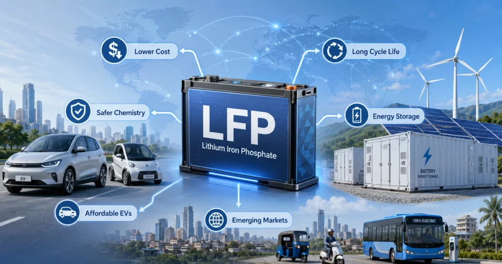 LFP batteries expanding across the global EV market with affordable EVs, energy storage, and emerging markets.